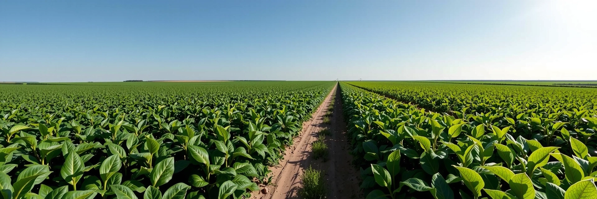 Camino interrumpido en campo de soja, Pampa Argentina